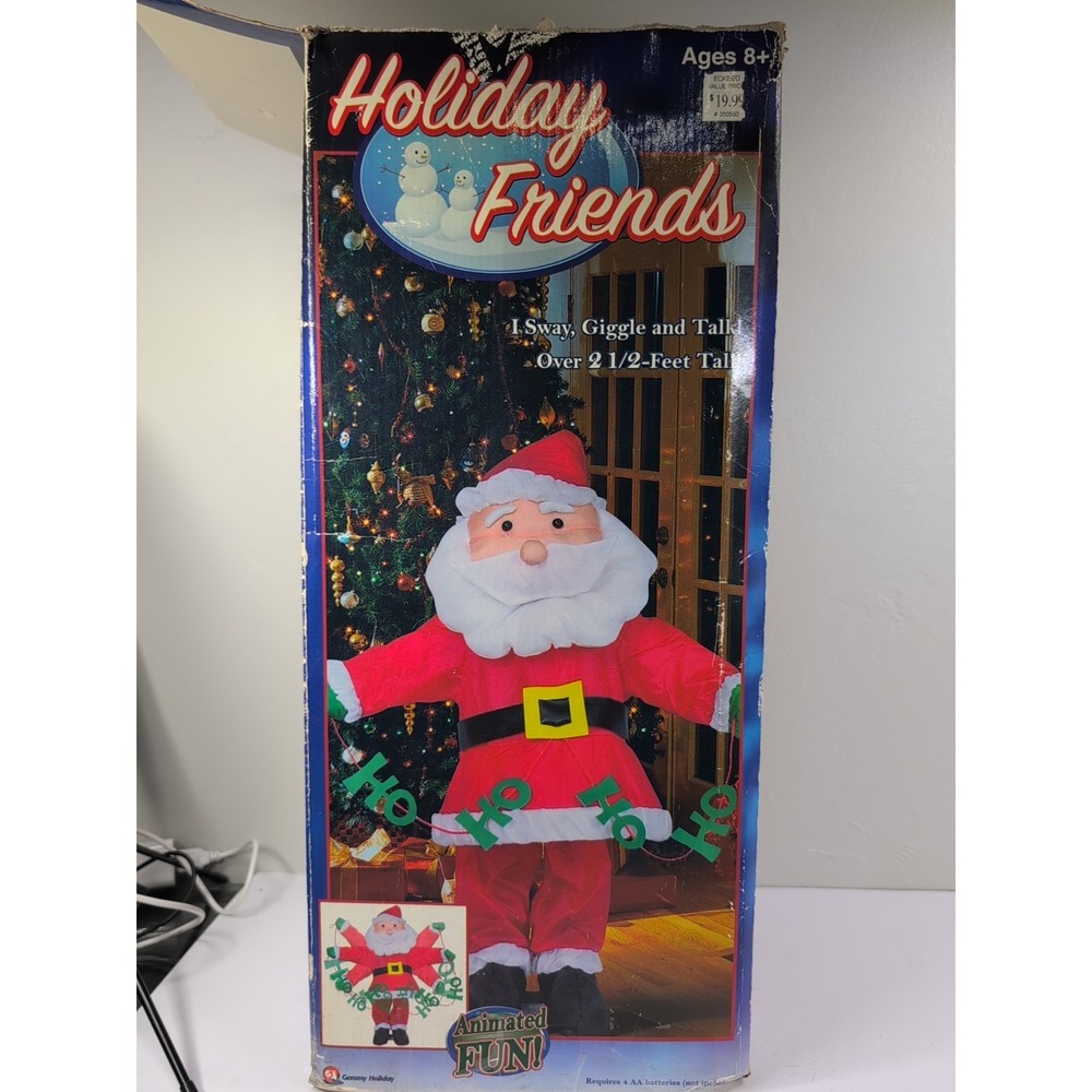 HOLIDAY FRIENDS SANTA CHRISTMAS BOX GEMMY HO 2003 ANIMATED FUN SWAY GIGGLE TALK‎